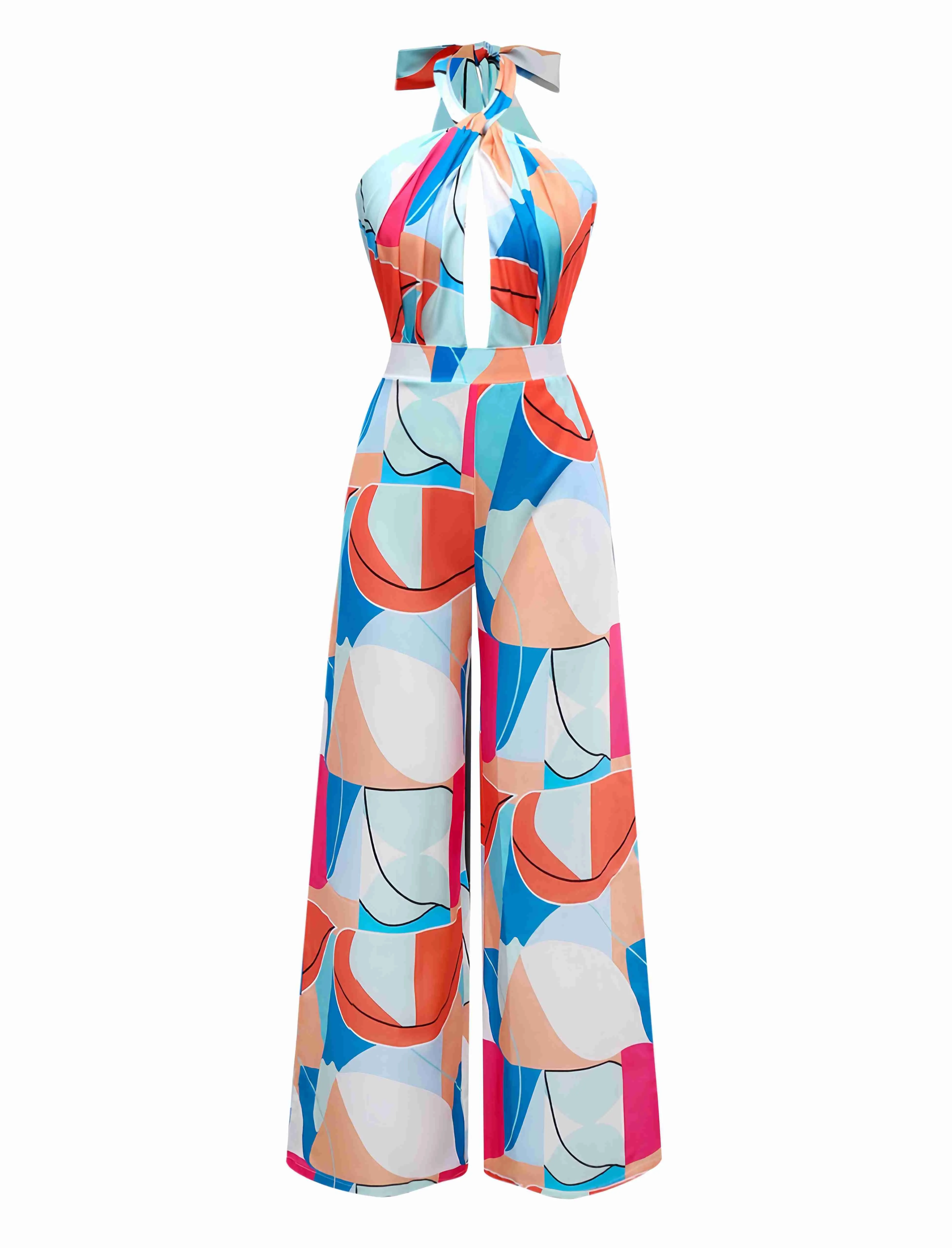 Multicolor 1960s Geometric Abstract Print Halter Jumpsuit sold by Retro Stage