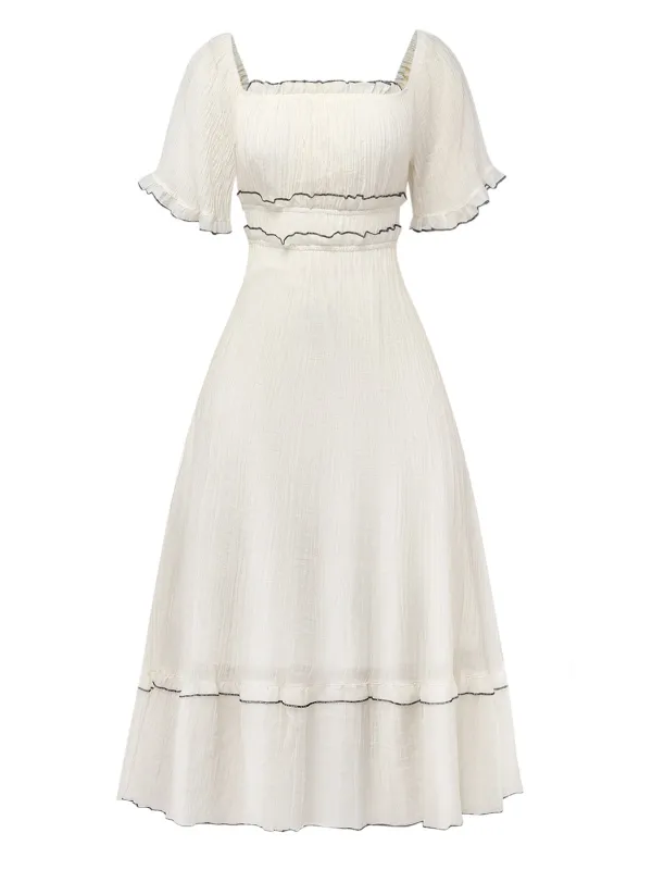 Apricot 1930s Square Neck Textured Binding Dress sold by Retro Stage