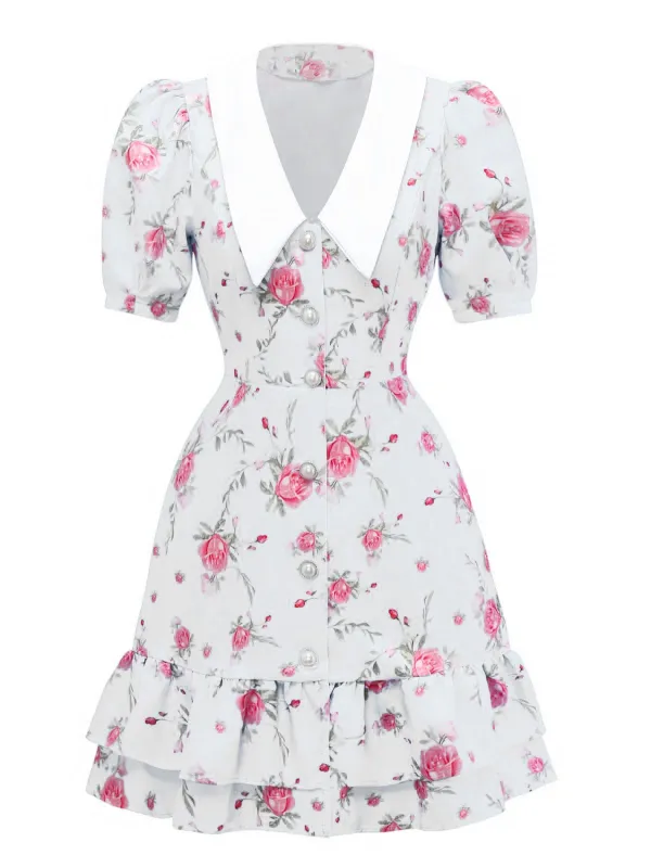 1960s Rose Puff Sleeve Chelsea Collar Mini Dress sold by Retro Stage