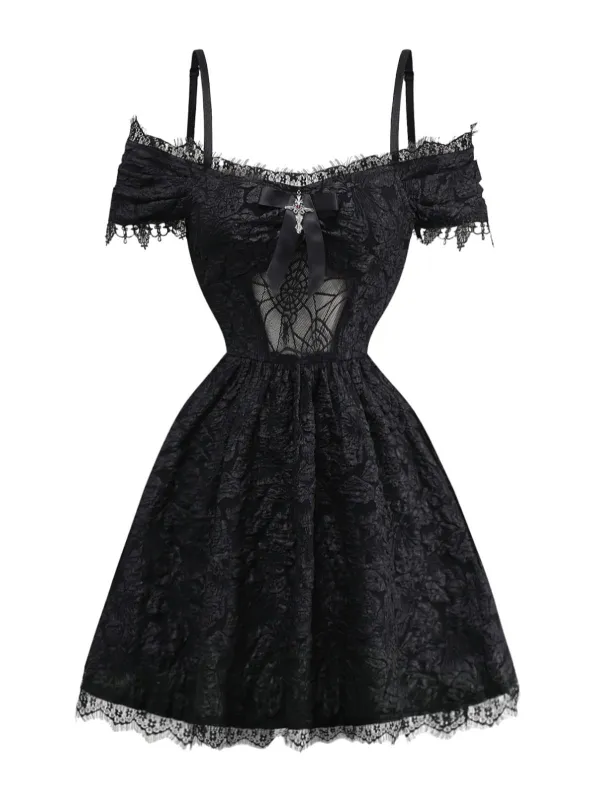 1950s Halloween Spider Web & Cross Textured Dress sold by Retro Stage