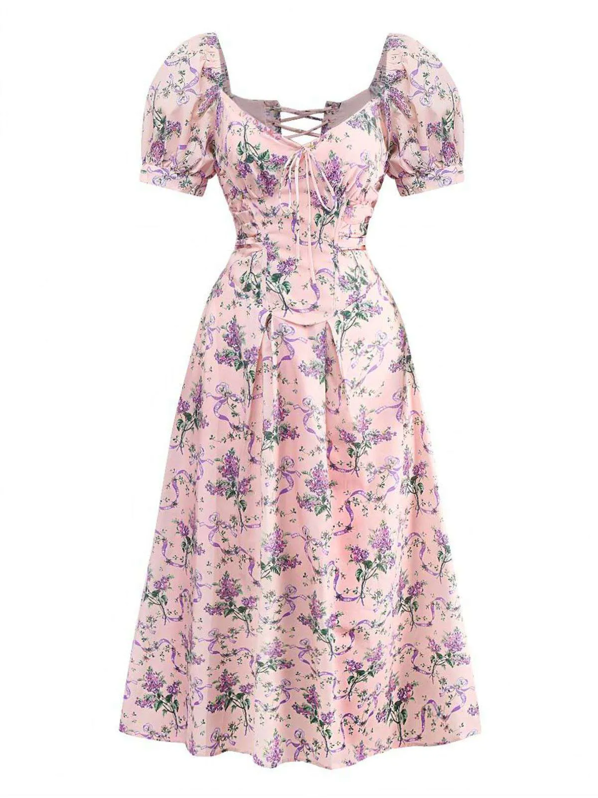 Pink 1940s Lavender Sweetheart Neck Puff Sleeve Dress sold by Retro Stage