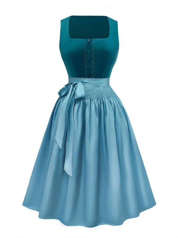 2PCS Blue 1950s Flannelette Floral Dress & Satin Apron sold by Retro Stage