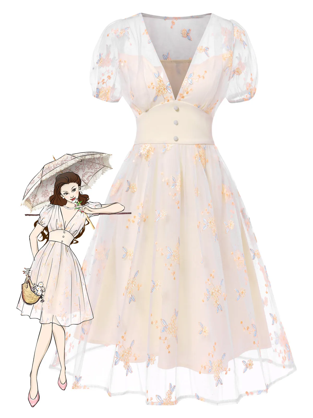 White 1950s Deep V-Neck Embroidered Floral Dress sold by Retro Stage product image thumbnail 4