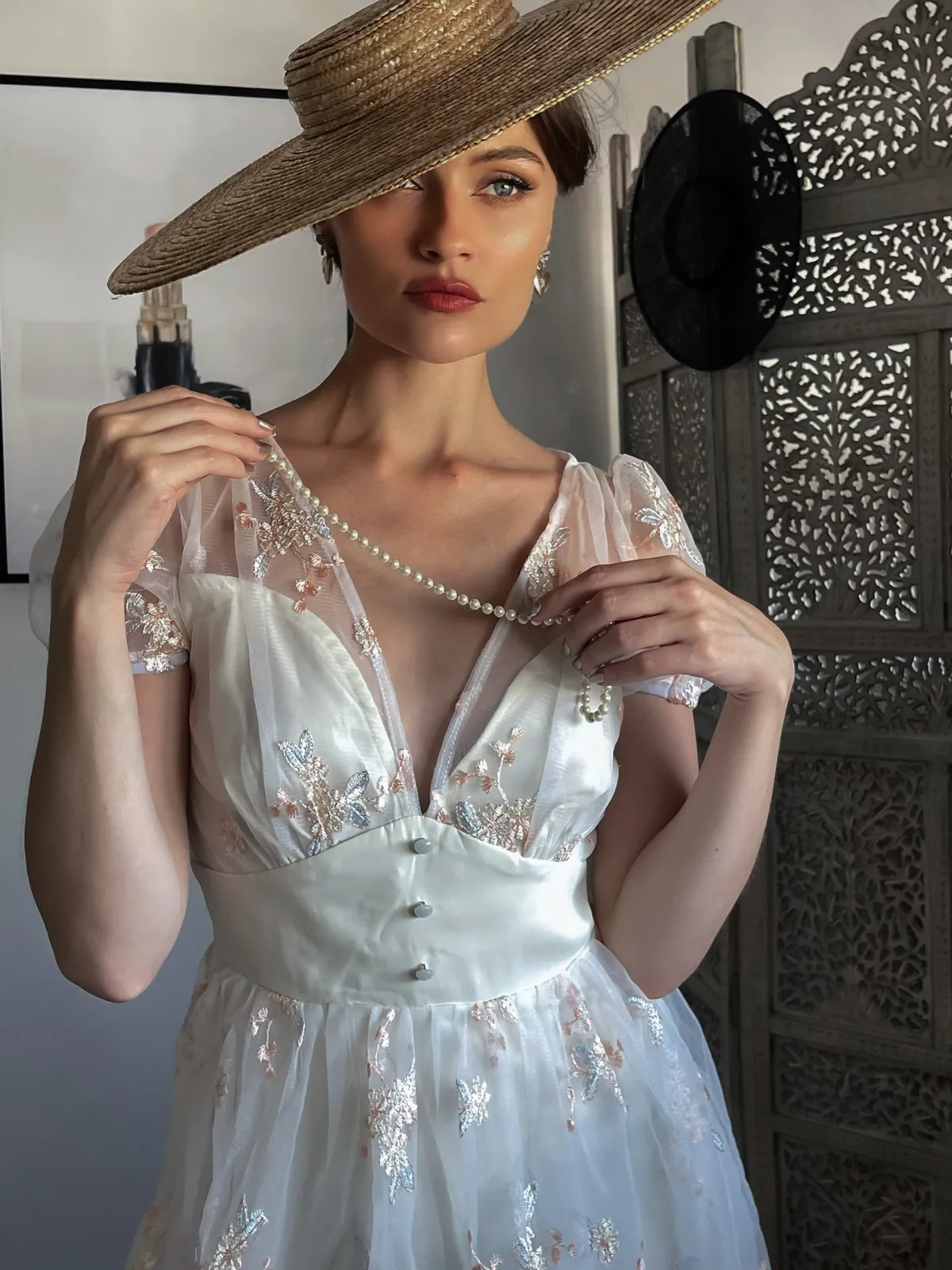 White 1950s Deep V-Neck Embroidered Floral Dress sold by Retro Stage product image thumbnail 3