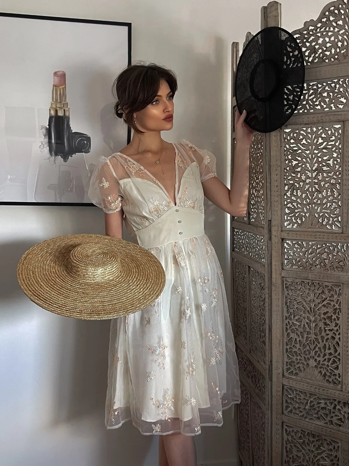 White 1950s Deep V-Neck Embroidered Floral Dress sold by Retro Stage product image thumbnail 2