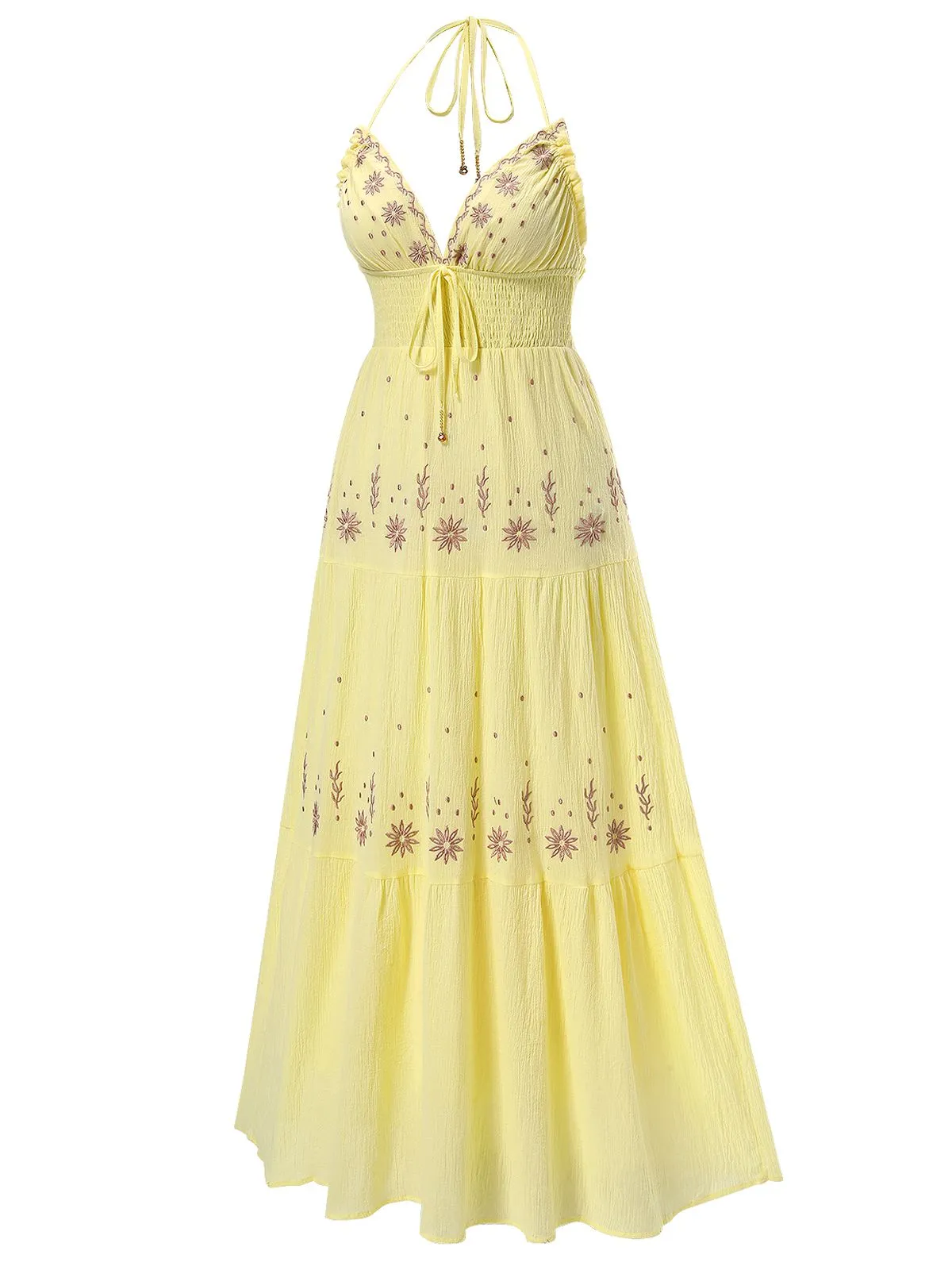 Yellow 1930s V-Neck Embroidered Floral Dress sold by Retro Stage product image thumbnail 3
