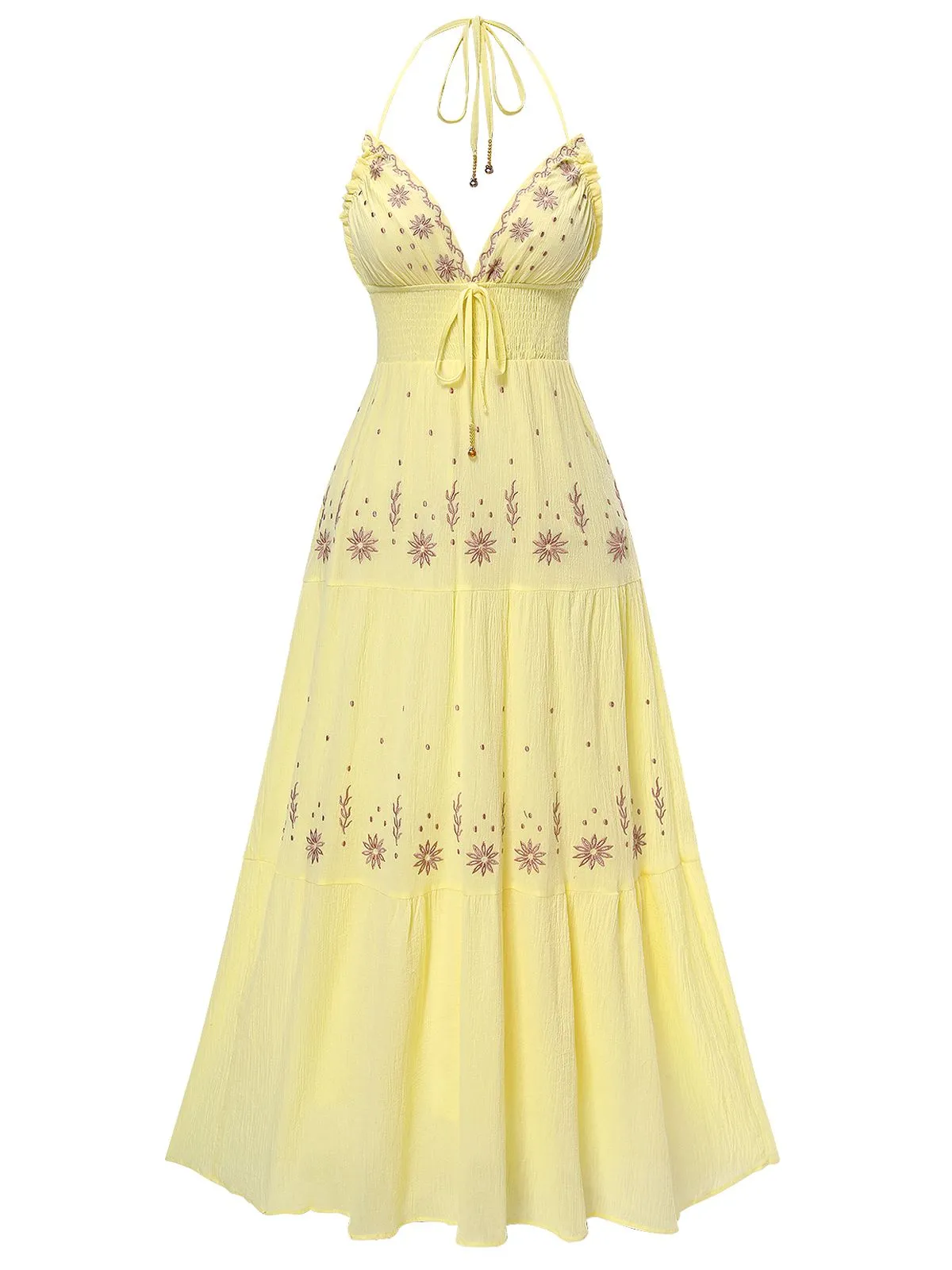 Yellow 1930s V-Neck Embroidered Floral Dress sold by Retro Stage product image thumbnail 2