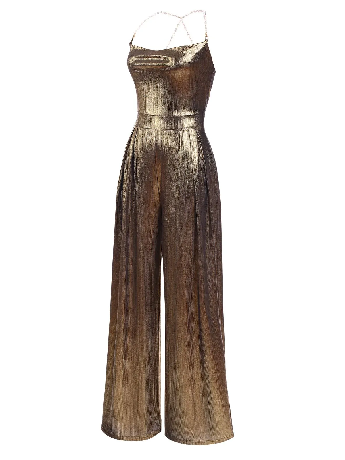 Metallic Gold 1980s Cowl Neck Spaghetti Strap Jumpsuit sold by Retro Stage product image thumbnail 3