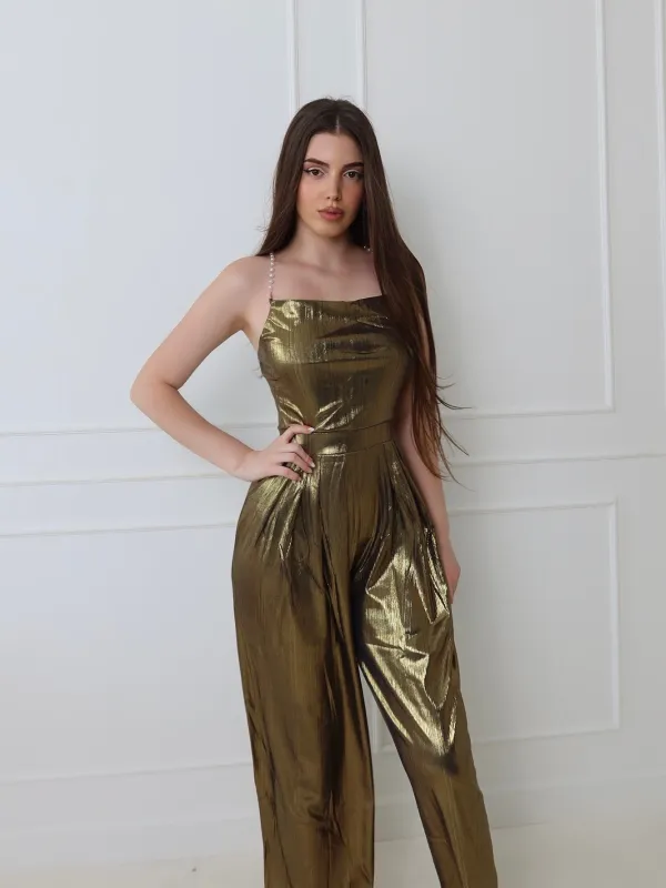 Metallic Gold 1980s Cowl Neck Spaghetti Strap Jumpsuit sold by Retro Stage