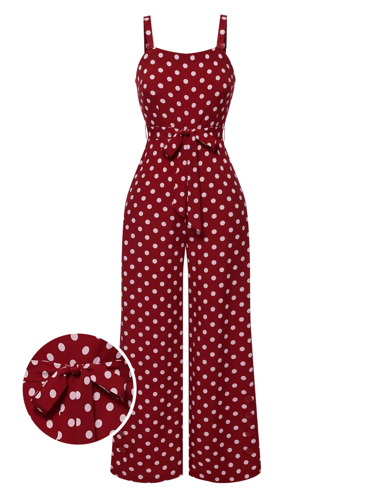 Deep Red 1940s Polka Dot Straps Jumpsuit sold by Retro Stage product image thumbnail 2