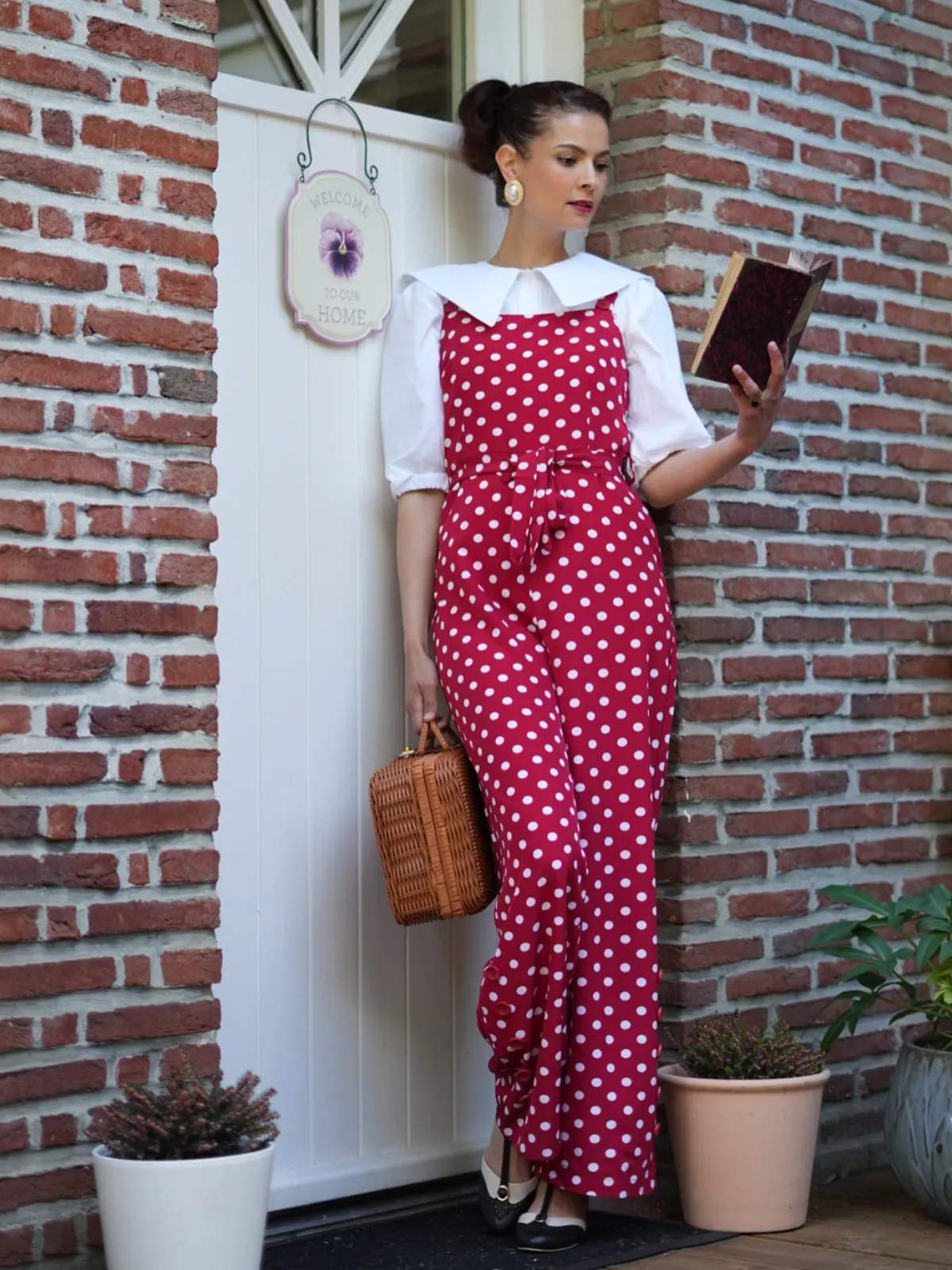 Deep Red 1940s Polka Dot Straps Jumpsuit sold by Retro Stage