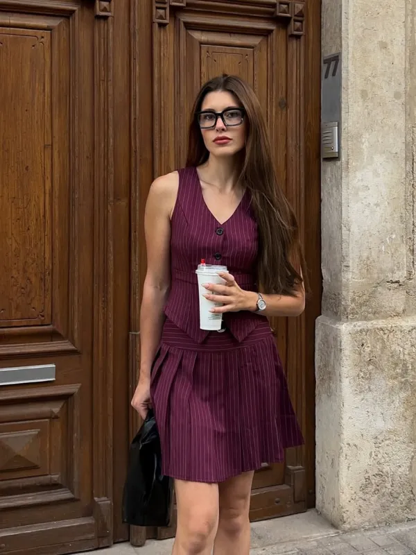 2PCS Wine Red 1960s Pinstripes Top & Pleated Skirt sold by Retro Stage