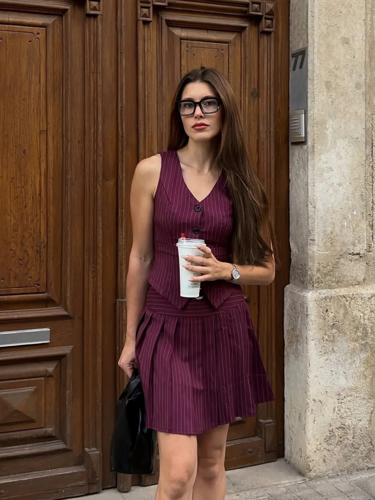 2PCS Wine Red 1960s Pinstripes Top & Pleated Skirt sold by Retro Stage