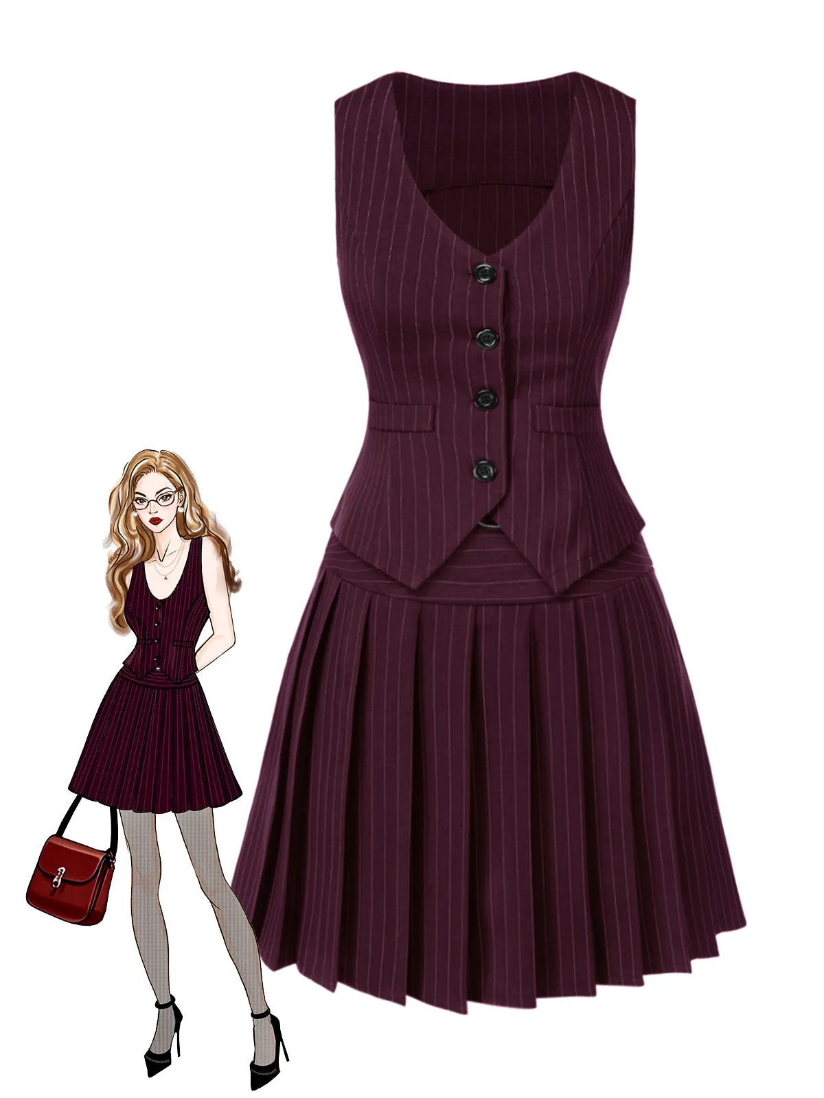 2PCS Wine Red 1960s Pinstripes Top & Pleated Skirt sold by Retro Stage product image thumbnail 2