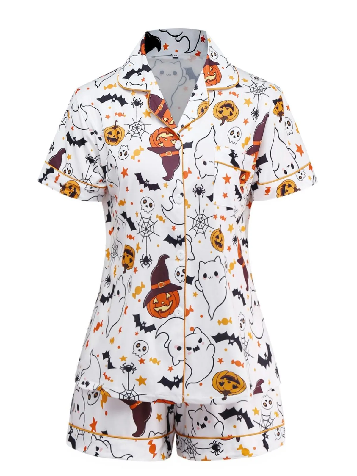 White 1950s Halloween Print Notched Collar Pajama Set sold by Retro Stage