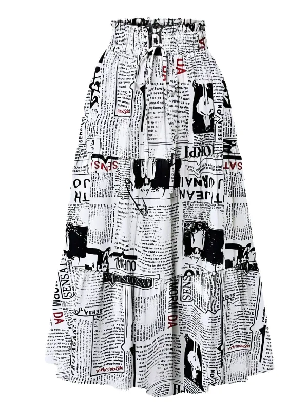 Multicolor 1970s Newspaper Print Tiered Midi Skirt sold by Retro Stage