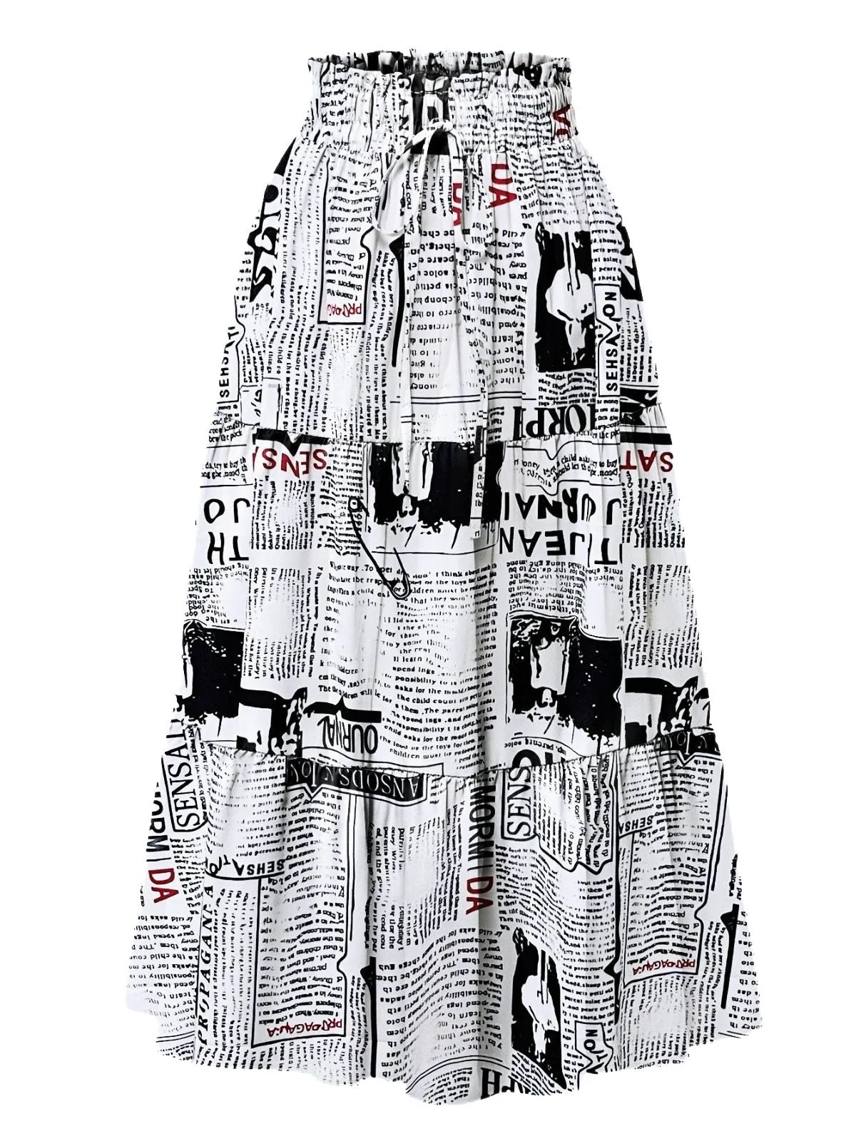 Multicolor 1970s Newspaper Print Tiered Midi Skirt sold by Retro Stage