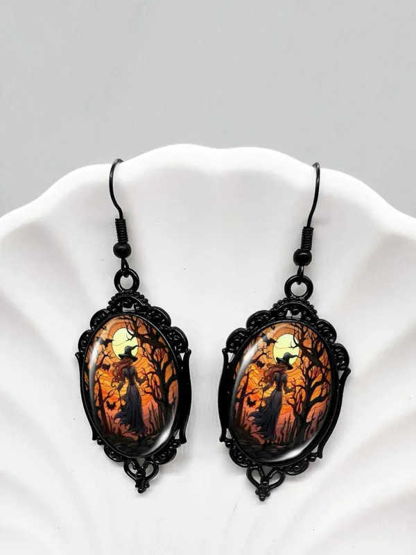 Gothic Witch Bats Skull Halloween Drop Earrings sold by Retro Stage