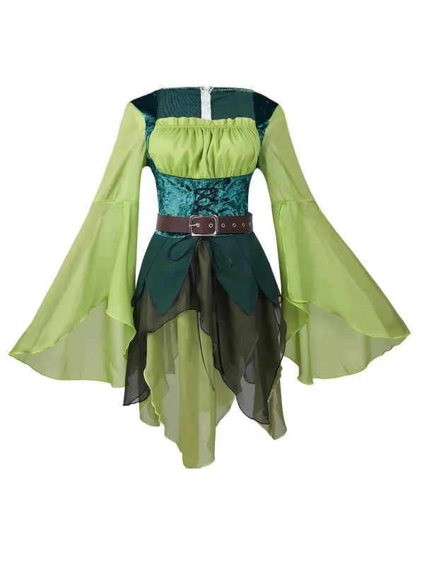 Green 1960s Elven Bell Sleeve Belted Asymmetric Dress sold by Retro Stage