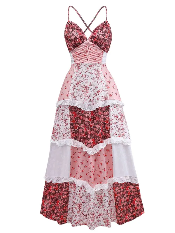 Multicolor 1930s Quilt Floral Print Ruffled Strap Dress sold by Retro Stage