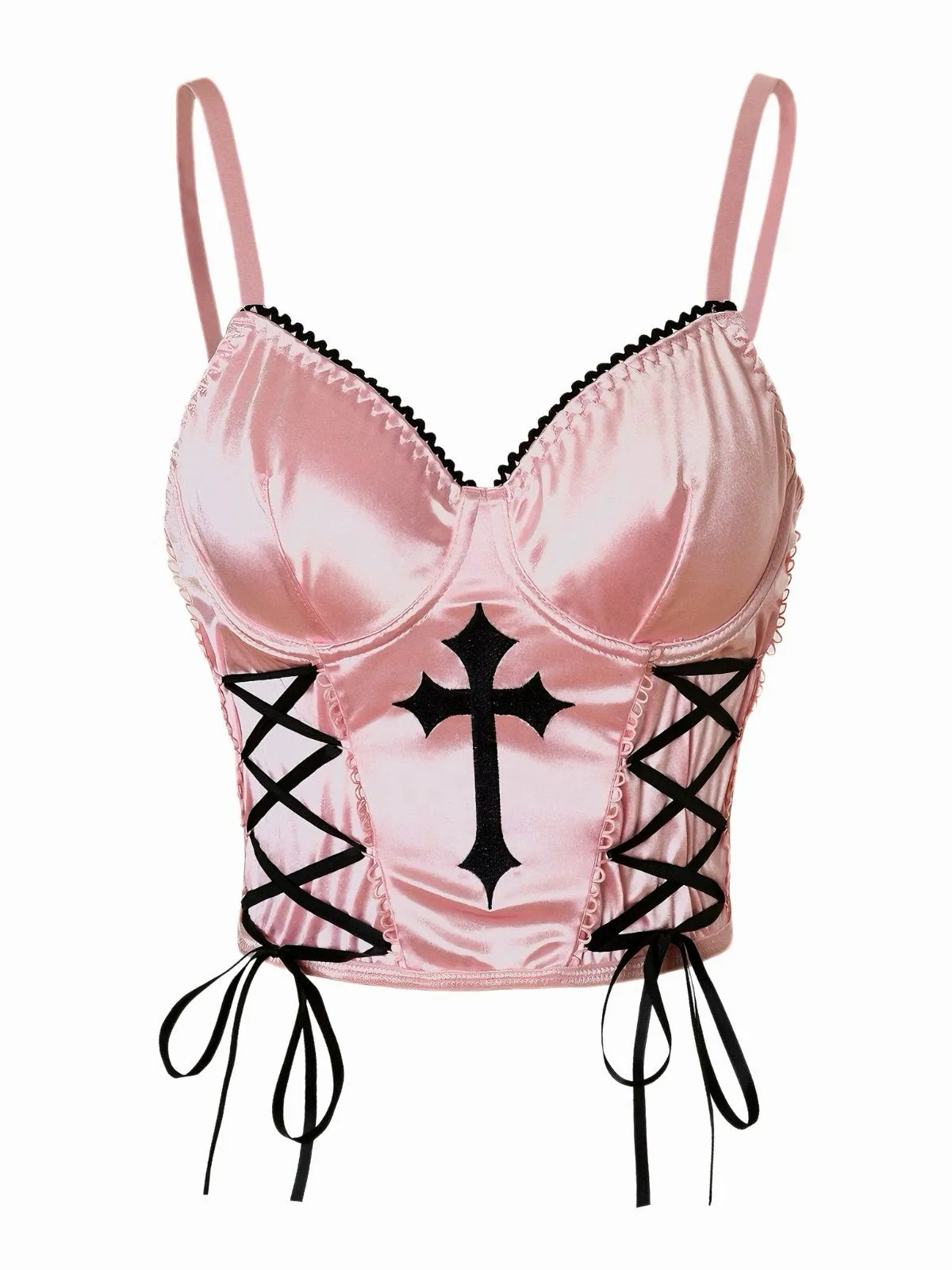 Pink 1970s Cross Gothic Satin Lace-Up Camisole sold by Retro Stage