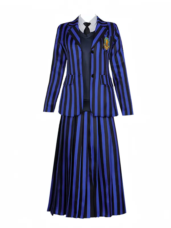 Blue 1940s Striped Wednesday Addams Uniform Set sold by Retro Stage