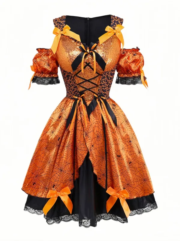 Orange 1960s Halloween Pumpkin Spiderweb Puff-Sleeve Dress sold by Retro Stage