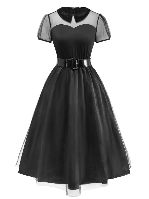 Black 1940s Peter Pan Collar Sheer Belted Tulle Dress sold by Retro Stage