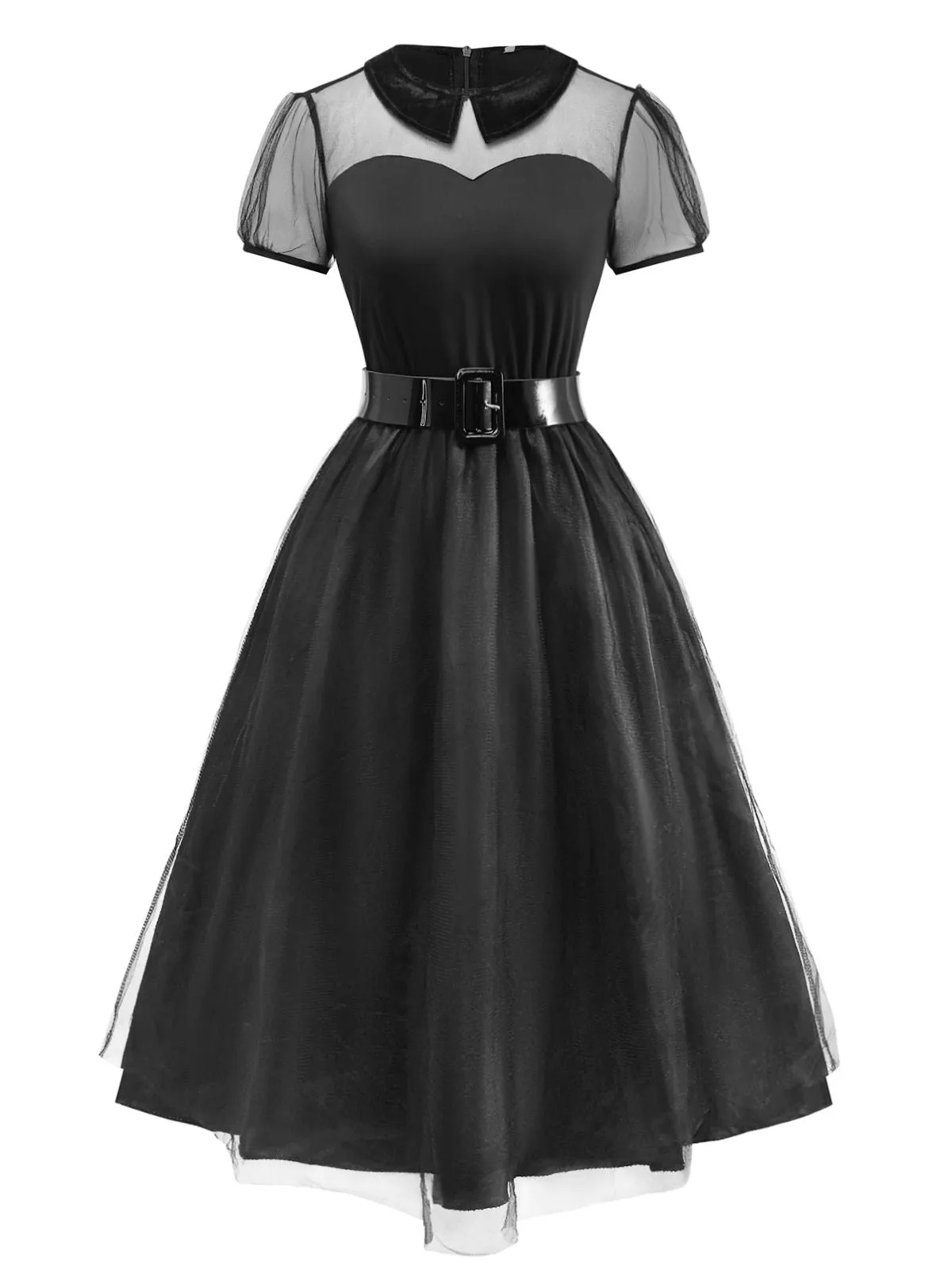 Black 1940s Peter Pan Collar Sheer Belted Tulle Dress sold by Retro Stage