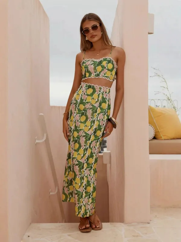 2PCS 1960s Lace Lemon Slip Top & Maxi Skirt sold by Retro Stage