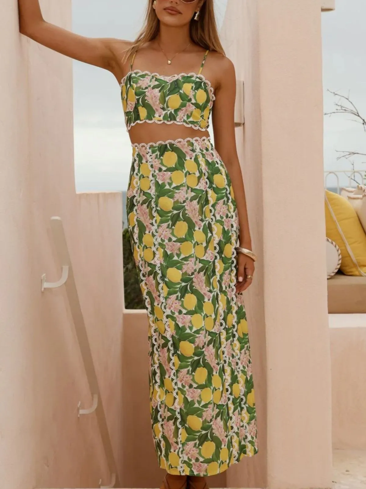 2PCS 1960s Lace Lemon Slip Top & Maxi Skirt sold by Retro Stage product image thumbnail 4