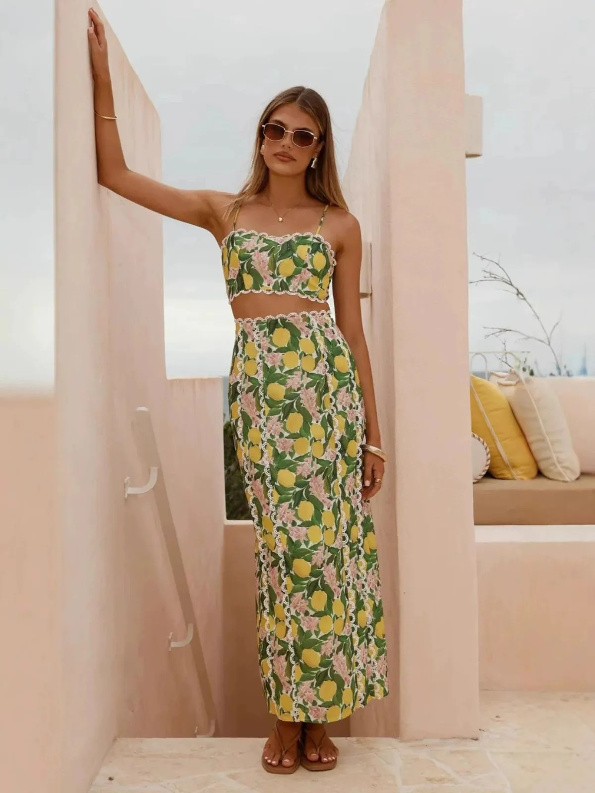 2PCS 1960s Lace Lemon Slip Top & Maxi Skirt sold by Retro Stage product image thumbnail 2