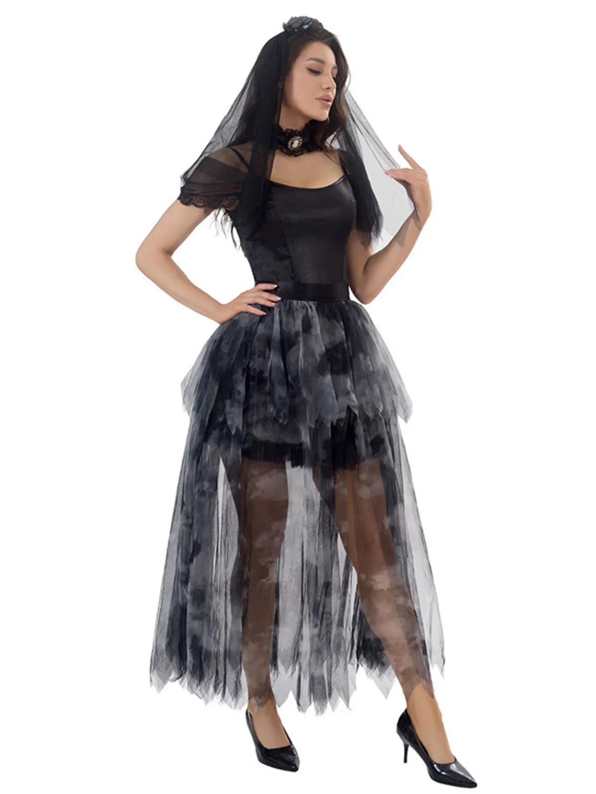 Black 1970s Halloween Ghost Bride Tulle Dress Set sold by Retro Stage product image thumbnail 2