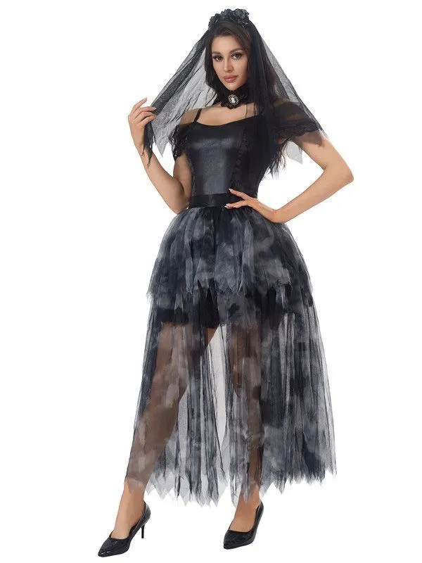 Black 1970s Halloween Ghost Bride Tulle Dress Set sold by Retro Stage product image thumbnail 3