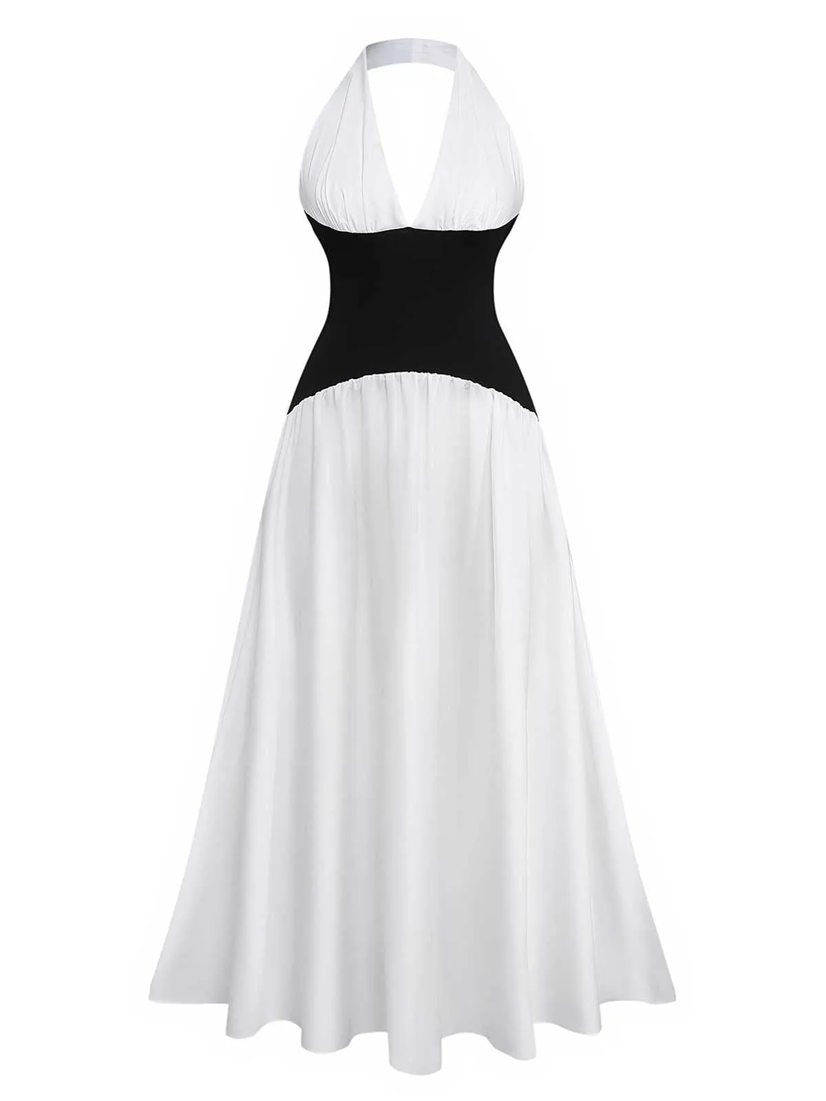 1970s Halter Deep V-Neck Colorblock Maxi Dress sold by Retro Stage