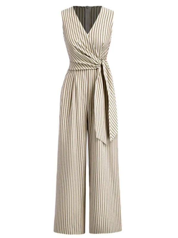 1940s V-Neck Striped Tie-Waist Sleeveless Jumpsuit sold by Retro Stage