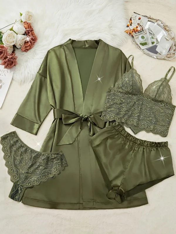 Green 1950s Solid Lace & Satin Pajama Set sold by Retro Stage