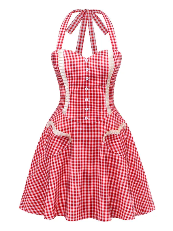 Red 1960s Plaid Heart Pocket Halter Dress sold by Retro Stage