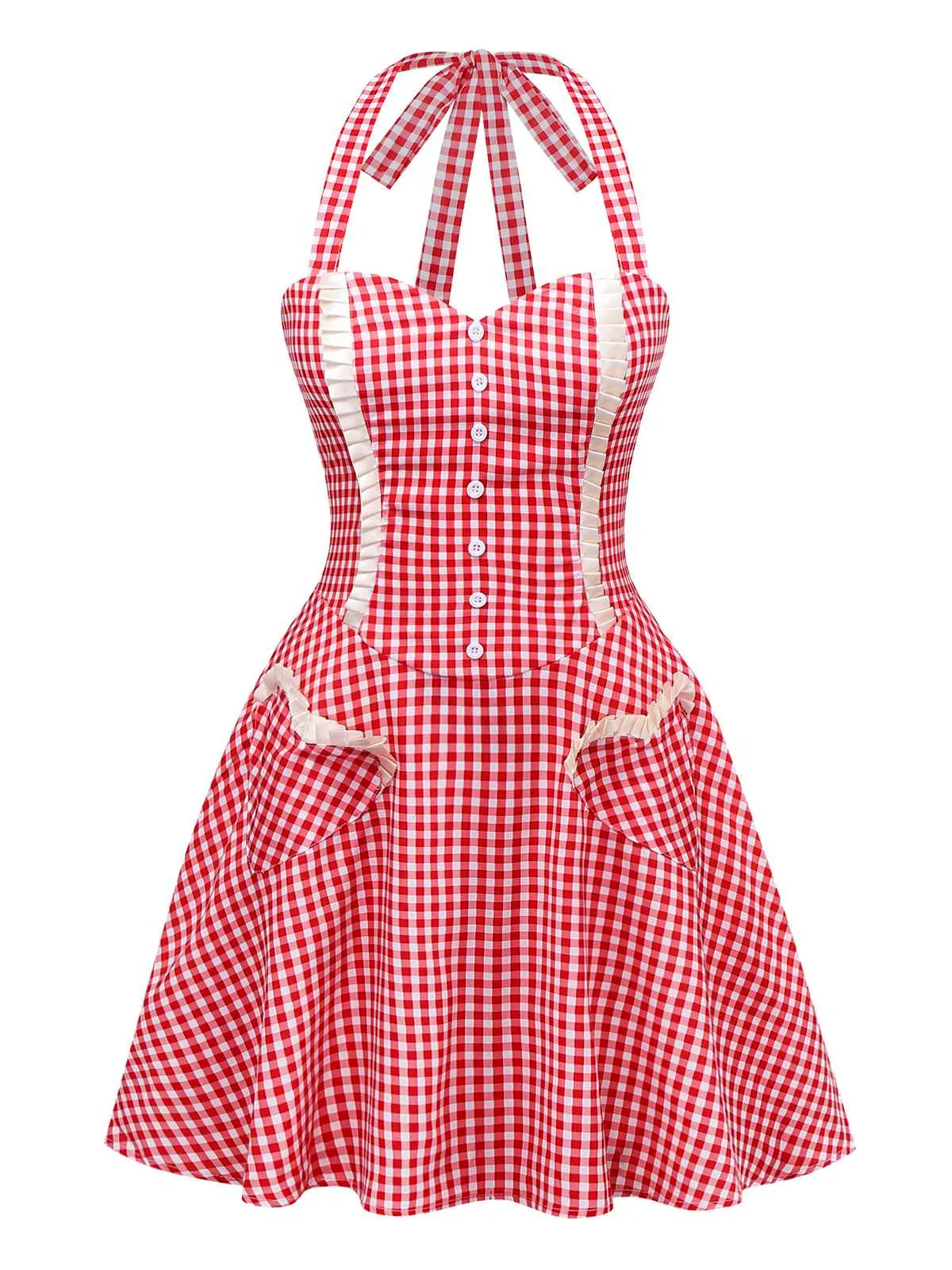 Red 1960s Plaid Heart Pocket Halter Dress sold by Retro Stage