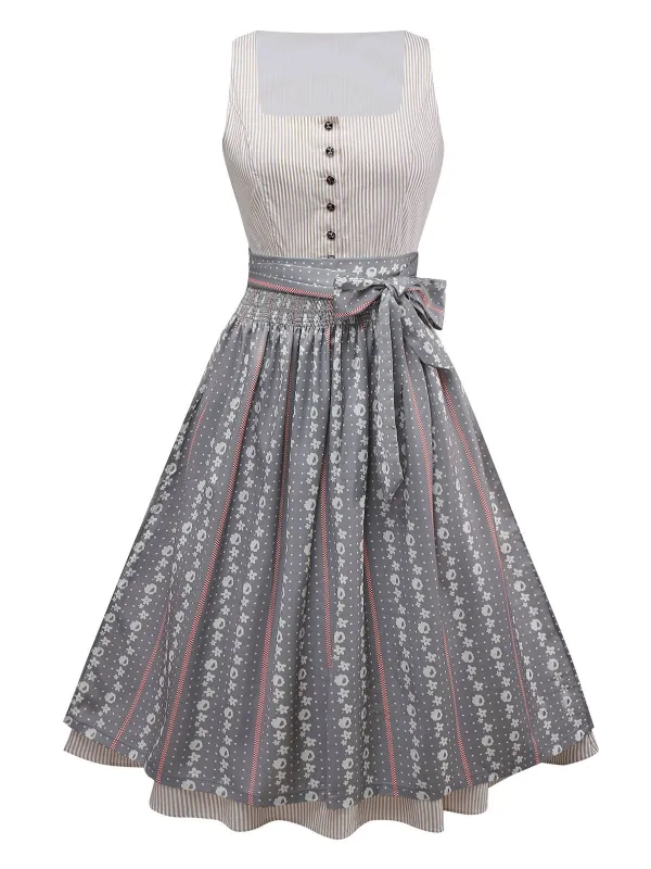 2PCS Beige 1950s Vertical Striped Dress & Floral Apron sold by Retro Stage