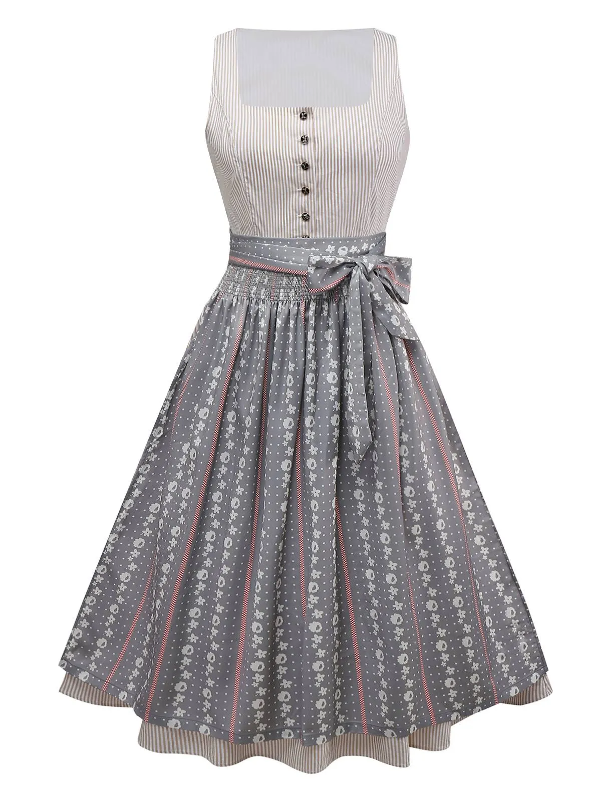 2PCS Beige 1950s Vertical Striped Dress & Floral Apron sold by Retro Stage