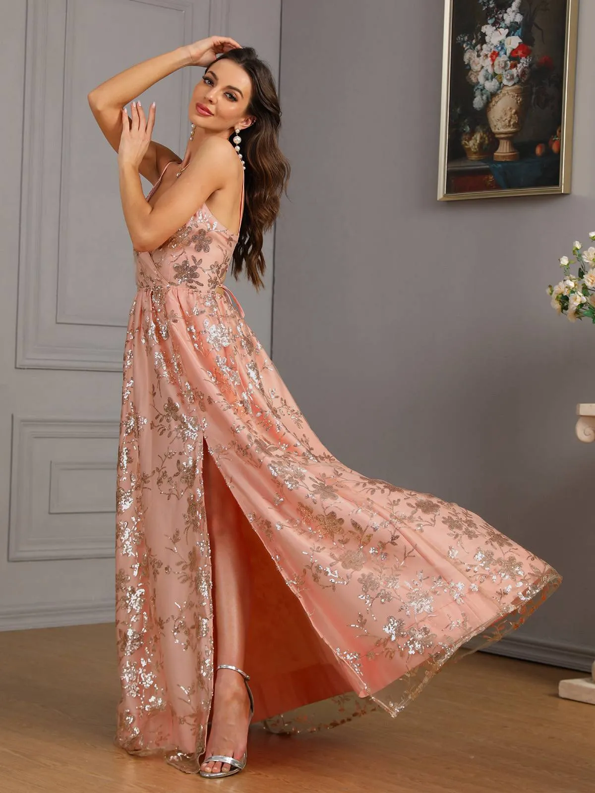 Pink 1930s Sequined Floral Mesh High Slit Dress sold by Retro Stage product image thumbnail 3