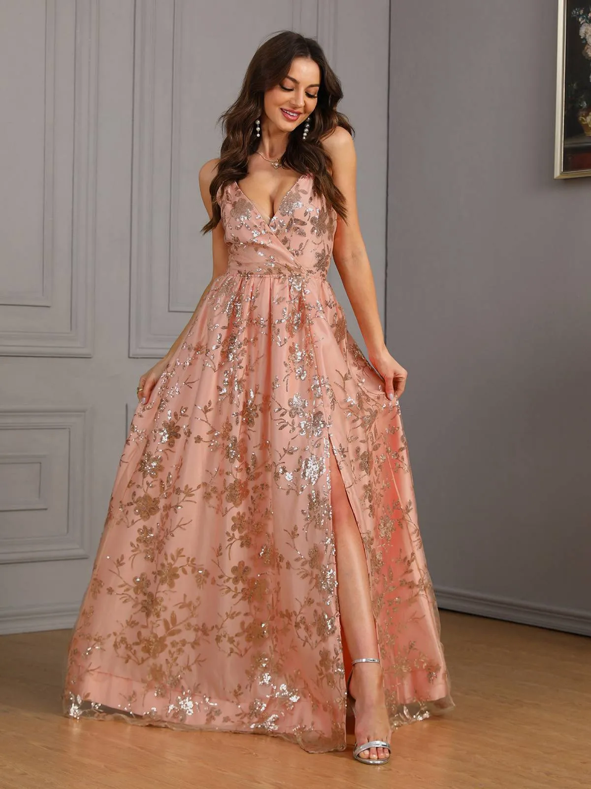 Pink 1930s Sequined Floral Mesh High Slit Dress sold by Retro Stage product image thumbnail 4