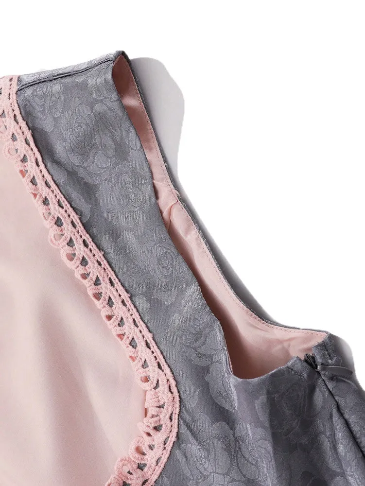 2PCS Pink 1950s Floral Jacquard Dress & Mesh Embroidered Apron sold by Retro Stage product image thumbnail 4