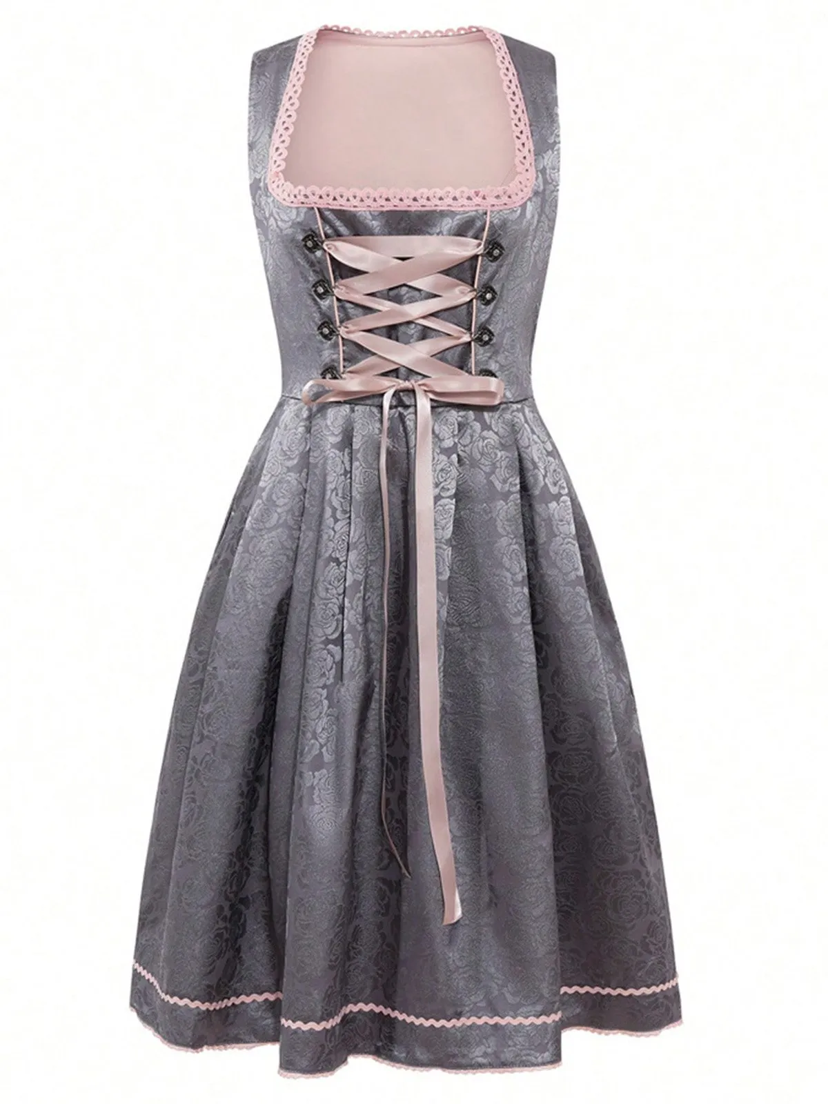 2PCS Pink 1950s Floral Jacquard Dress & Mesh Embroidered Apron sold by Retro Stage product image thumbnail 2