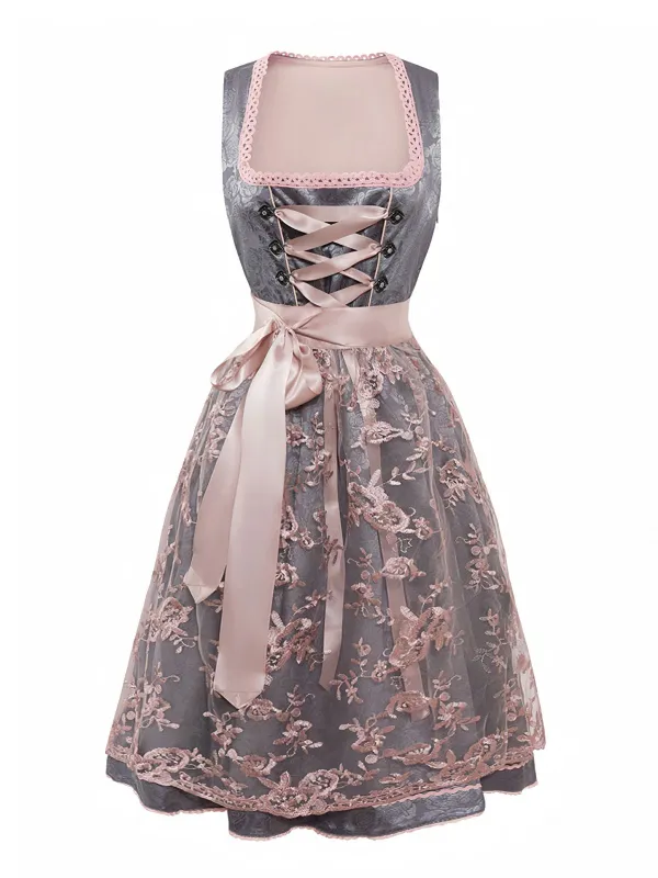 2PCS Pink 1950s Floral Jacquard Dress & Mesh Embroidered Apron sold by Retro Stage