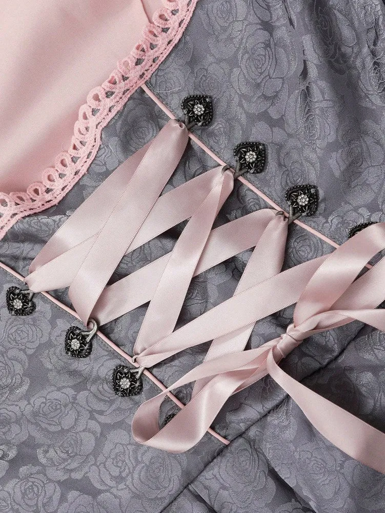 2PCS Pink 1950s Floral Jacquard Dress & Mesh Embroidered Apron sold by Retro Stage product image thumbnail 5