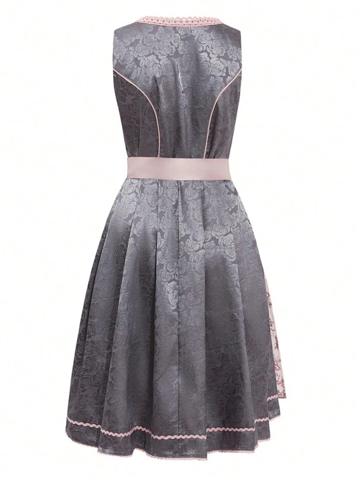 2PCS Pink 1950s Floral Jacquard Dress & Mesh Embroidered Apron sold by Retro Stage product image thumbnail 3