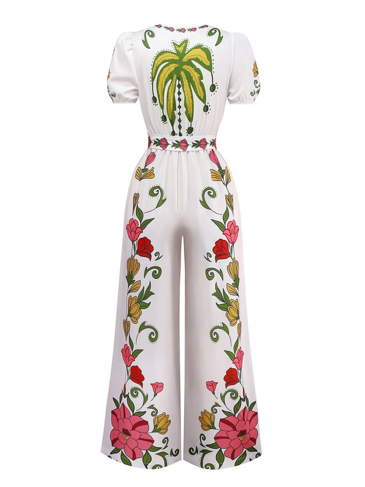 White 1950s Deep V-Neck Floral Belted Jumpsuit sold by Retro Stage product image thumbnail 2