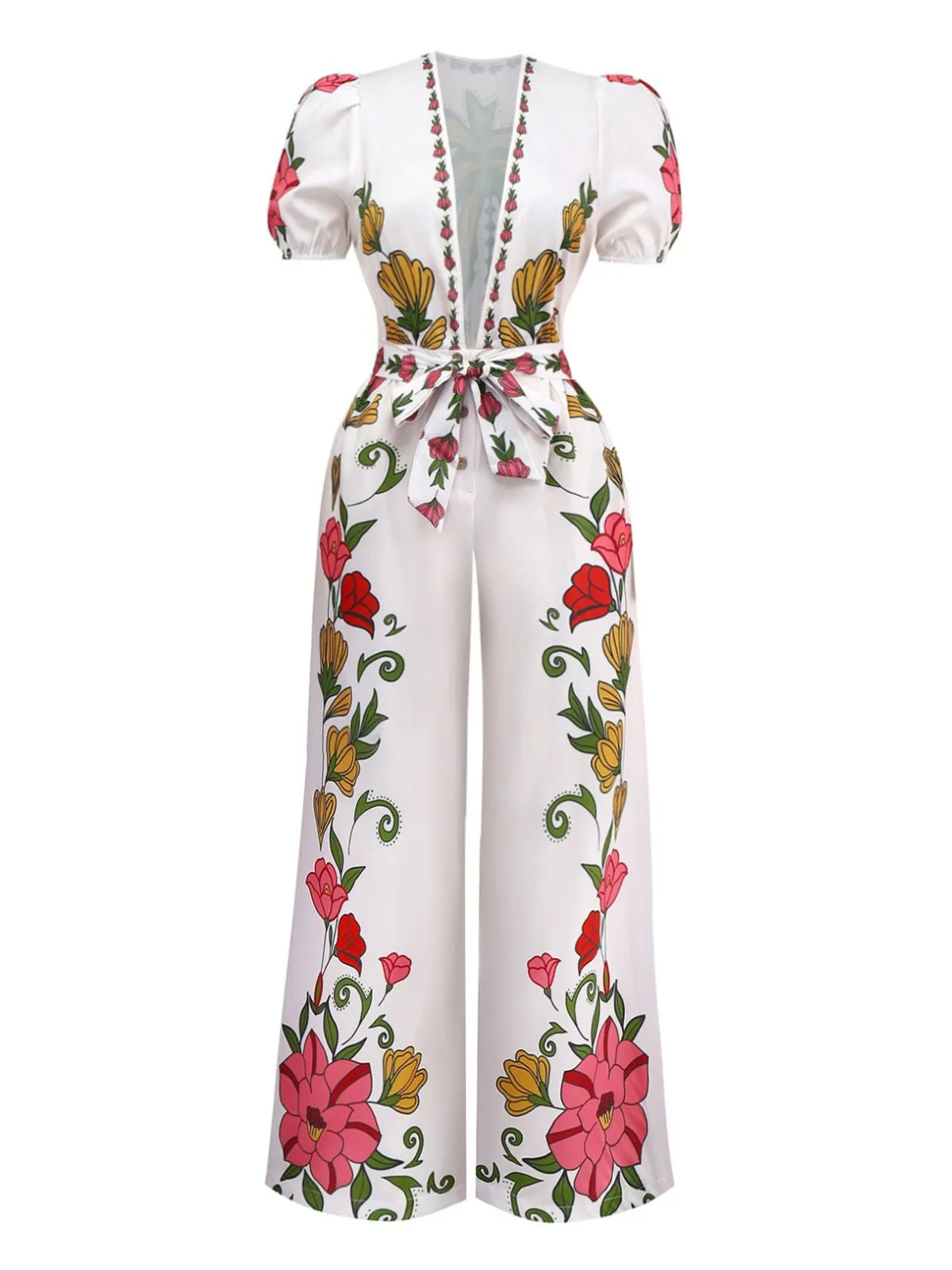White 1950s Deep V-Neck Floral Belted Jumpsuit sold by Retro Stage
